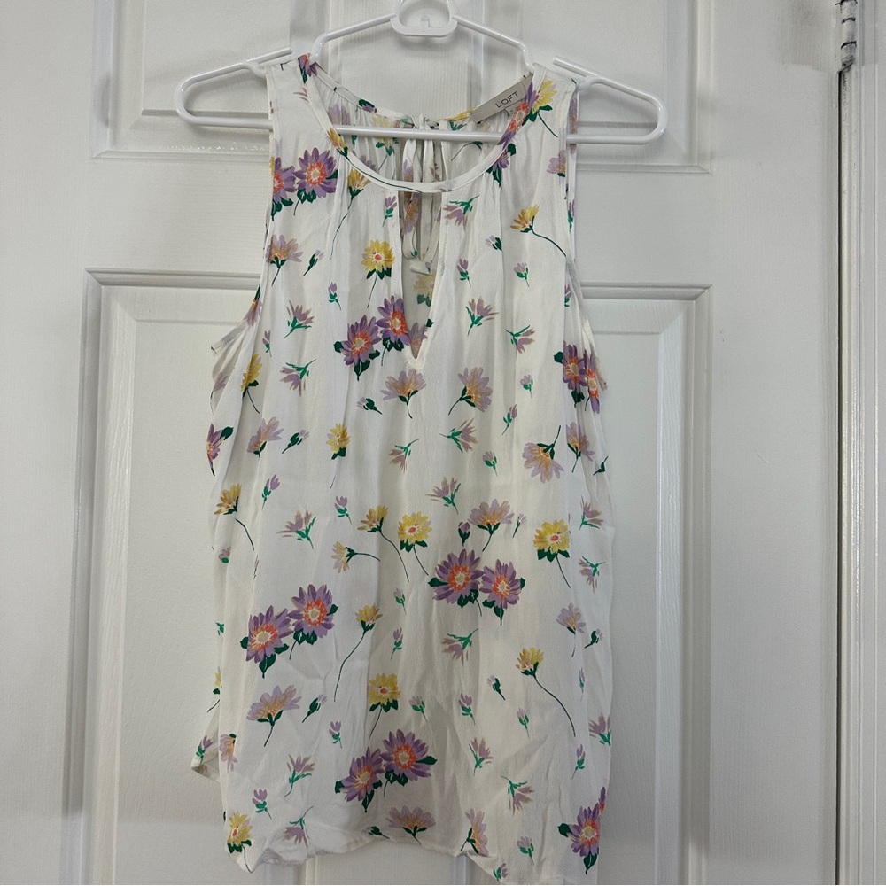 Loft White Floral Blouse, Key Whole Front Tie Back